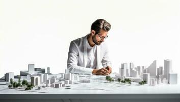 construção e desenvolvimento conceito. homem dentro branco camisa e Óculos sentado às mesa com modelo do cidade em branco fundo. ai gerado. foto