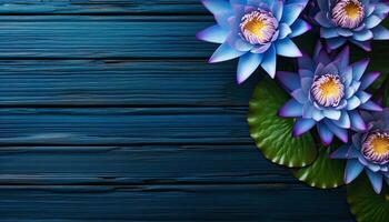 lótus flor em azul de madeira fundo. topo Visão com cópia de espaço. ai gerado. foto