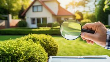 fechar-se do uma do homem mão segurando uma ampliação vidro e olhando às uma casa. ai gerado. foto