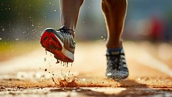 corredor atleta corrida em raça acompanhar. mulher ginástica corrida exercite-se bem estar conceito. ai gerado. foto