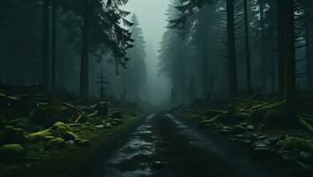 nebuloso floresta estrada dentro a manhã. ai gerado. foto
