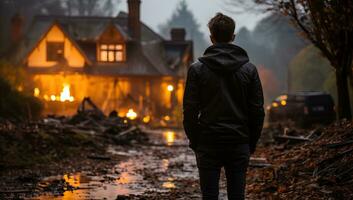 homem em pé dentro frente do uma queimando casa dentro a meio do a floresta. ai gerado. foto