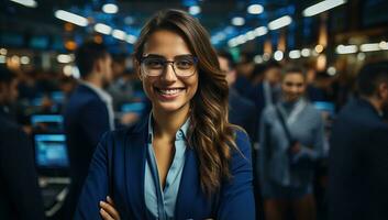 retrato do uma sorridente empresária com Óculos em pé dentro escritório. ai gerado. foto