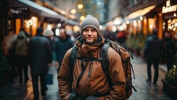 retrato do uma jovem homem com mochila caminhando dentro a cidade. ai gerado. foto