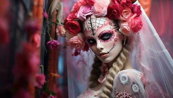lindo mulher com açúcar crânio Maquiagem e flores dentro dela cabelo. ai gerado. foto