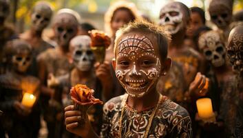 Garoto com tradicional traje e face pintura durante dia do a morto celebração. ai gerado. foto