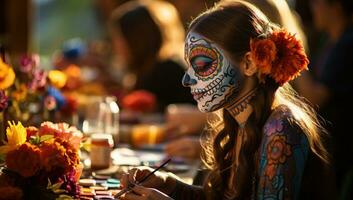 dia de los mortos. dia do a morto celebração dentro México. menina com açúcar crânio faço acima. ai gerado. foto