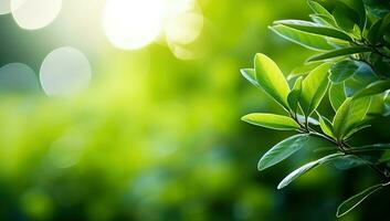 fechar acima natureza Visão do verde folha em borrado vegetação fundo debaixo luz solar com bokeh. ai gerado. foto