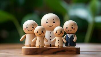 de madeira figuras do família com risonho rostos em de madeira fundo. ai gerado. foto