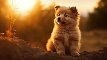 fofa pequeno pomerânia cachorro sentado em a Rocha às pôr do sol. ai gerado. foto