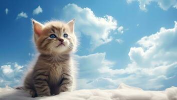fofa pequeno gatinho com azul olhos sentado em nuvem e céu fundo. ai gerado. foto