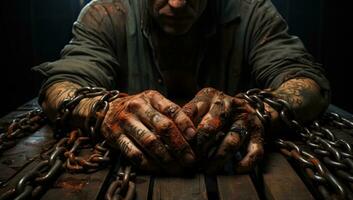 mãos do uma homem com tatuagens em dele braços e mãos acorrentado para uma de madeira mesa. ai gerado. foto