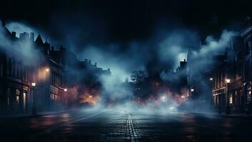 noite Visão do rua às noite com luzes e névoa. dia das Bruxas conceito. ai gerado. foto