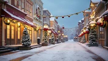 lindo Nevado Natal rua dentro a velho cidade. ai gerado. foto