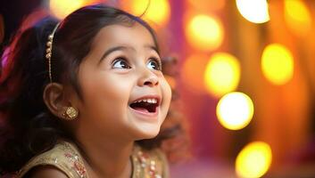 indiano pequeno menina dentro tradicional vestir a comemorar diwali ou deepawali. ai gerado. foto