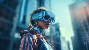 lindo africano americano mulher dentro virtual realidade fone de ouvido em cidade fundo. ai gerado. foto