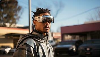 retrato do uma jovem africano americano homem dentro oculos de sol em a rua. ai gerado. foto