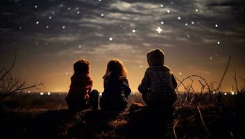três crianças sentado em a Beira do uma penhasco e olhando às a noite céu. ai gerado. foto