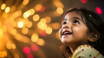 retrato do uma fofa pequeno menina com Natal luzes dentro a fundo. ai gerado. foto