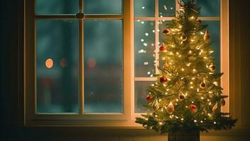 Natal árvore com luzes e guirlandas em a fundo do a janela. ai gerado. foto