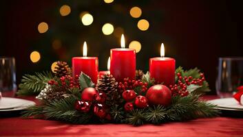 Natal mesa configuração com queimando velas e abeto galhos em vermelho toalha de mesa. ai gerado. foto