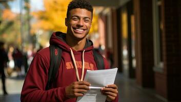 jovem africano americano Faculdade aluna segurando uma livro e sorridente. ai gerado. foto