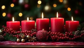 queimando vermelho velas com Natal decoração em de madeira mesa. ai gerado. foto