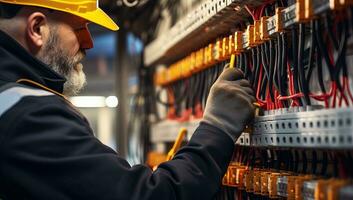 fechar-se do uma masculino eletricista trabalhando em uma painel de fusíveis. ai gerado. foto