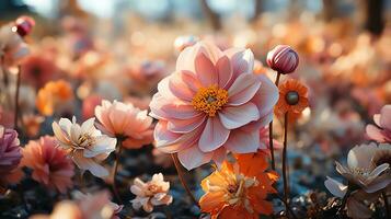 uma vaso com flores em uma mesa contra a laranja e azul parede ai gerado foto