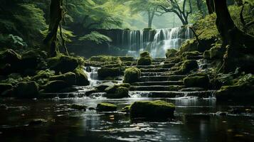 uma rio corrida através uma floresta com pedras e árvores ai gerado foto
