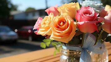 uma ramalhete do Rosa rosas sentado em uma de madeira Banco ai gerado foto