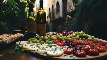 uma prato do queijo, tomates, e pão ai generativo foto