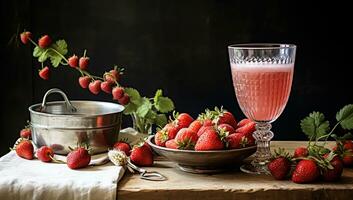 vermelho suco bagas e fruta em a mesa. ai gerado foto