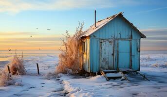 minimalista inverno panorama de a água, com uma de madeira cabine. ai gerado foto