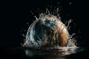 planeta terra queda para dentro espirrando água em Sombrio fundo foto