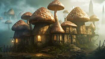 cidade ilustração do cogumelo em forma casas e envolto dentro névoa - generativo ai foto