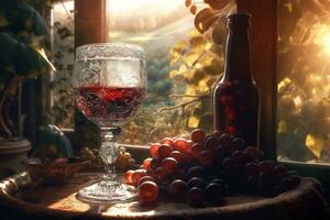 vidro do vermelho vinho com uma videira dentro a fundo. ai gerado foto