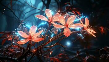 ilustração do brilhando luz laranja e azul transparente flores ai gerado foto