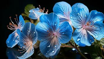 fechar-se do azul gerânios em Sombrio fundo. ai gerado foto