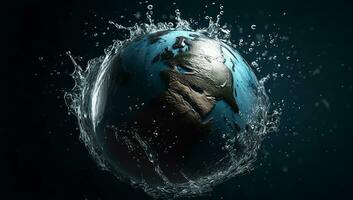 planeta terra queda para dentro espirrando água em Sombrio fundo foto