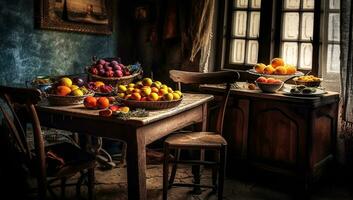 ilustração ainda vida com fruta em de madeira mesa, rústico cozinha, dentro dramático tons. ai gerador foto