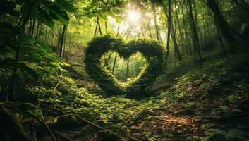 coração formado de árvore galhos e folhas em uma floresta trilha. ai gerado foto