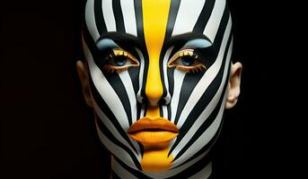 fantasia face pintura, zebra olhar, dentro amarelo e Preto. ai gerado foto