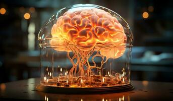digital brilhando humano cérebro com elétrico nervo impulsos. ai gerado foto