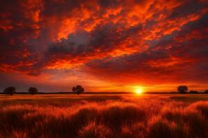 uma lindo e vibrante pôr do sol é iluminação uma verde campo com tons do vermelho e laranja.. criativo recurso, ai gerado foto