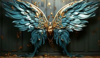 fantasia turquesa e ouro pássaro escultura. ai gerador foto