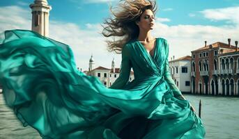 mulher com lindo grandes seda vestir tremulando dentro a vento. ai gerado foto