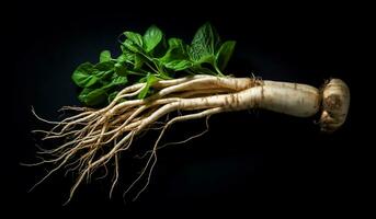 ginseng raiz isolado em Sombrio fundo. saudável tempo. ai gerado foto