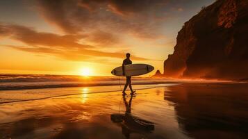 surfista com prancha de surfe em a de praia às pôr do sol. ai gerado foto