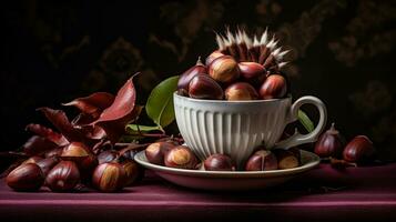 ainda vida com castanhas dentro uma porcelana copo. ai gerado foto